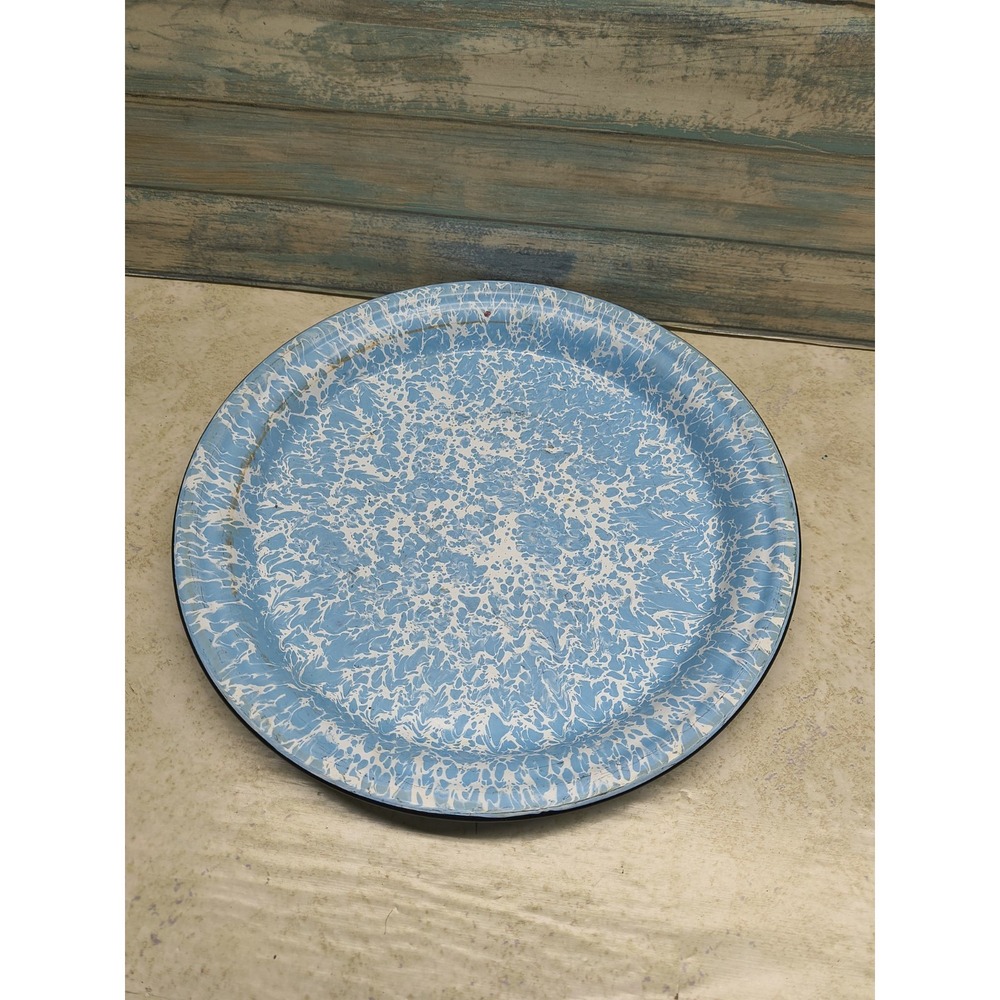 Vtg Graniteware Pie Plate Blue White Splatter Enamel Retro Farmhouse Rustic